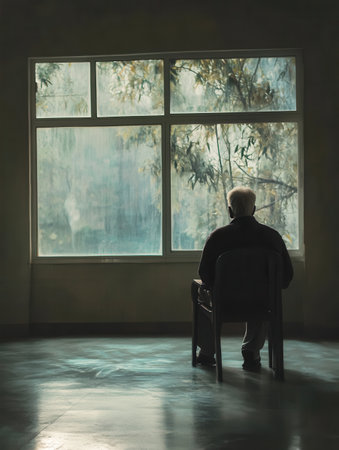 An elderly individual sits in a chair, staring out a rain-streaked window, evoking deep emotions of loneliness and stillness in the room.の素材