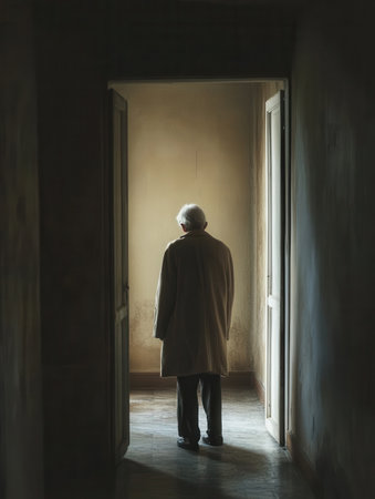 An elderly person stands quietly in a doorway, facing an empty room, symbolizing solitude and the experience of isolation.の素材