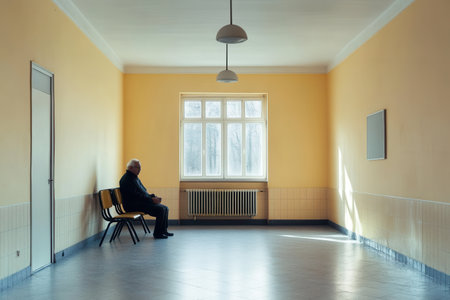 An elderly man sits solitary on a chair in a vacant room, conveying stark isolation and the reality of loneliness experienced by many.の素材