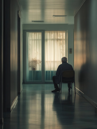 An elderly individual sits quietly in a nursing home hallway, surrounded by empty space and a soft light, evoking a sense of solitude.の素材