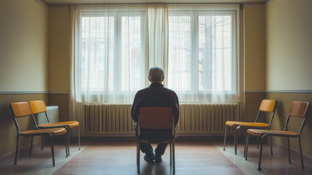 An elderly individual sits in silence, facing a window, surrounded by empty chairs, highlighting feelings of isolation and solitude.の素材