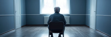 An elderly individual sits in a simple chair, facing a window in a bare, quiet room, illuminated by soft afternoon light.の素材