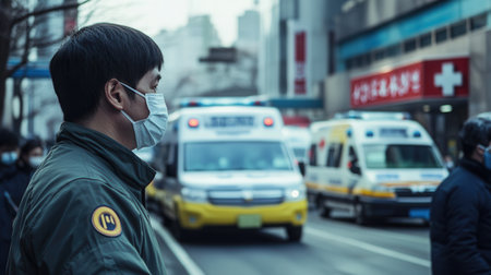 Medical personnel in masks manage a crowded emergency scene, with multiple ambulances waiting outside a hospital to address urgent needs.の素材