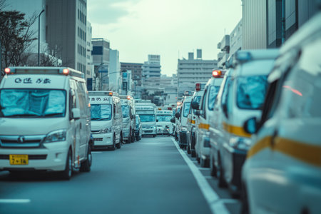 Medical personnel manage an overwhelming influx of patients as ambulances line the streets of hospitals in a major health emergency.の素材