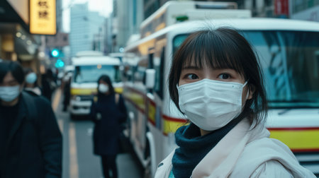 Medical professionals face high patient volumes as ambulances line up outside hospitals during the ongoing health crisis.の素材