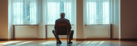 An elderly person sits alone on a chair in an empty room, surrounded by sunlight filtering through sheer curtains, evoking feelings of loneliness.の素材