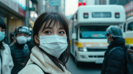 Crowds of people in medical masks walk through a busy urban area filled with ambulances as healthcare efforts escalate during a health crisis.の素材