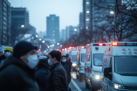 Emergency workers and citizens wearing medical masks gather as ambulances line the streets outside overwhelmed hospitals in a city.の素材