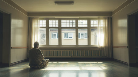 An elderly person sits silently on the floor of an empty nursing home room, staring out at the bright sunlight streaming through the windows.の素材