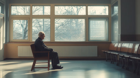 An elderly man sits quietly in a nursing home room, contemplating his solitude in a sunlit, sparse environment filled with empty chairs.の素材