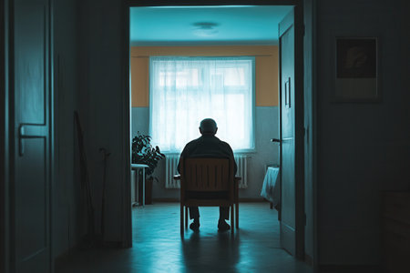 An elderly individual sits quietly in a nursing home room, feeling the weight of loneliness in the empty space around them.の素材