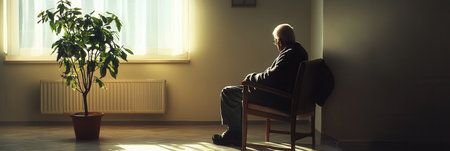 An elderly individual sits quietly in a nursing home room, illuminated by sunlight, highlighting the feeling of solitude and isolation.の素材