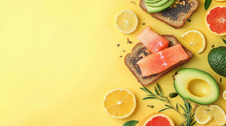 Start your day right with a nutritious breakfast featuring avocado toast, savory salmon, and a variety of fresh citrus fruits.の素材