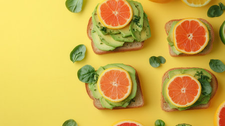 Start your day with a healthy breakfast of avocado toast topped with smoked salmon and fresh citrus, set against a bright yellow backdrop.の素材