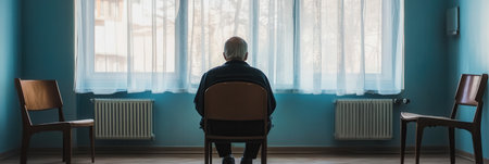 An elderly individual sits in silence on a chair in a sparse room, surrounded by empty chairs, evoking a sense of solitude.の素材