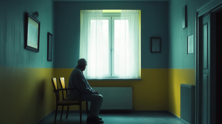 An elderly man quietly contemplates life while seated alone in an empty room bathed in soft afternoon light, highlighting his solitude.の素材