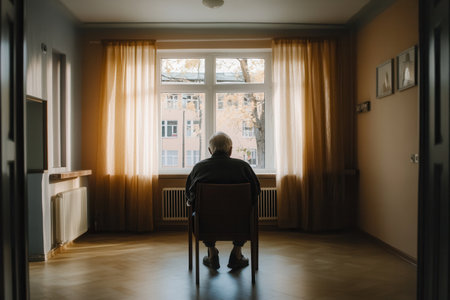 An elderly individual sits quietly on a chair, reflecting in solitude while looking out a sunlit window in a sparsely furnished room.の素材