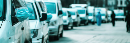 Overcrowded hospitals are visible with numerous ambulances waiting outside as medical personnel provide urgent care to patients.の素材