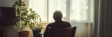 An elderly man gazes out the window of his nursing home room, feeling the weight of solitude under soft sunlight and greenery.の素材