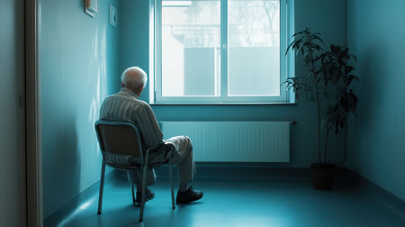 An elderly man sits in solitude on a chair, gazing out a window in a nursing home, surrounded by stillness and quietness.の素材