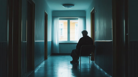 An elderly individual sits in solitude on a chair in a dimly lit corridor, surrounded by empty rooms, evoking feelings of isolation.の素材