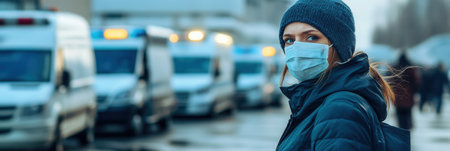 Healthcare professionals wear medical masks while managing a high influx of patients and multiple ambulances outside the facility.の素材
