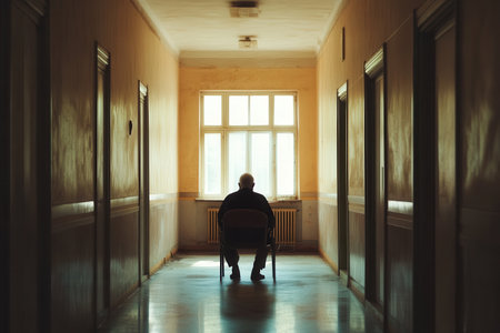 An elderly individual is seated alone in a quiet hallway, surrounded by empty rooms, highlighting the solitude of their existence.の素材