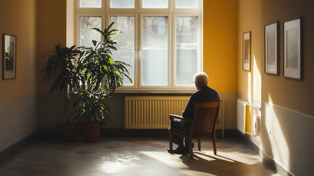 An elderly man sits in a chair by the window, surrounded by sunlight, reflecting solitude and the experience of loneliness.の素材