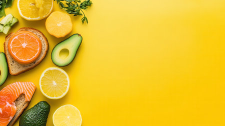 Enjoy a nutritious breakfast spread featuring avocado toast, salmon slices, and a variety of fresh citrus fruits against a sunny yellow backdrop.の素材