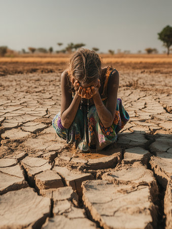 People collect dirty water as they face hunger and despair in parched, cracked fields under a relentless drought.の素材