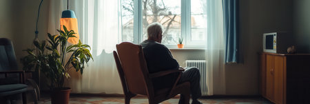 An elderly individual gazes out the window, surrounded by an empty room filled with soft light and simple decor, symbolizing solitude.の素材