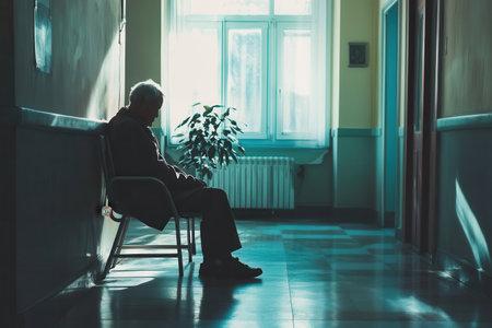 An elderly man sits quietly on a chair in a nursing home hallway, surrounded by silence and shadows, conveying a sense of isolation.の素材