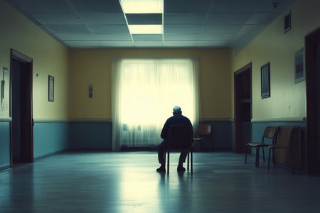 An elderly man sits alone on a chair in a sparse nursing home room, surrounded by vacant spaces and soft afternoon light.の素材