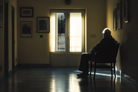 An older man sits quietly in a nursing home corridor, alone in the soft light streaming through the window, reflecting on the past.の素材