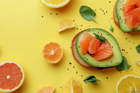 Bright yellow background complements a healthy breakfast spread of avocado toast, salmon, and fresh citrus slices ready to enjoy.の素材