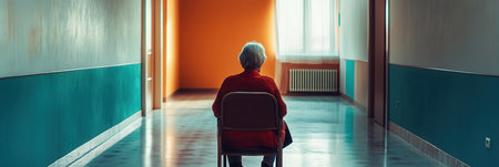 An elderly individual sits in solitude in an empty nursing home hallway, reflecting the deep sense of isolation felt in the space.の素材