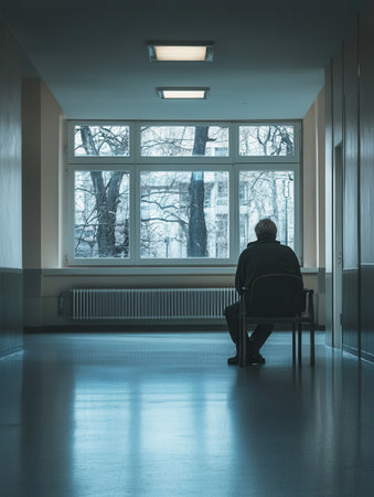 An elderly individual sits quietly in a nursing home corridor, looking out of the window at a bleak, wintry landscape.の素材