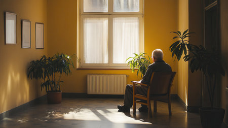 An elderly individual sits quietly in a warmly lit room, surrounded by plants, evoking feelings of isolation and solitude.の素材
