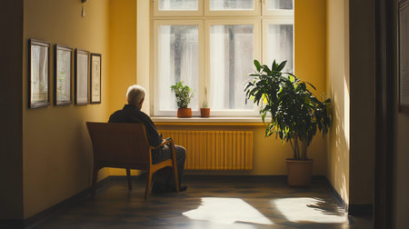 An elderly individual sits quietly in an empty nursing home corridor, gazing out at the light, surrounded by potted plants.の素材