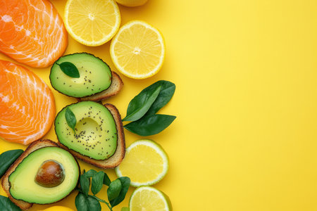 A vibrant breakfast spread showcasing avocado toast topped with salmon and garnished with fresh citrus slices on a yellow surface.の素材