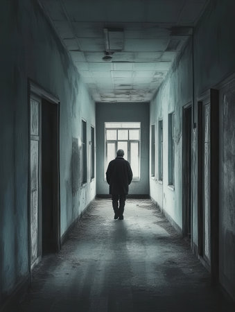 An elderly individual walks slowly through a deserted hallway, evoking feelings of isolation and neglect in a nursing home setting.の素材