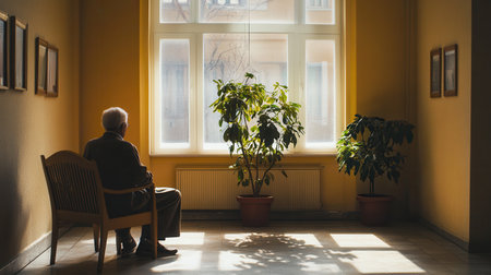 An elderly individual sits quietly on a bench in a nursing home, gazing outside through a large window.の素材