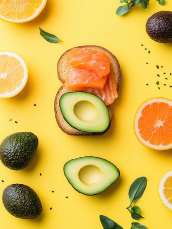 Enjoy a nutritious breakfast featuring creamy avocado toast topped with salmon alongside fresh citrus slices on a bright yellow background.の素材