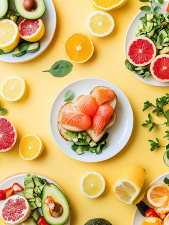 Savor vibrant avocado toast with salmon and fresh citrus fruits against a cheerful yellow backdrop. ???の素材