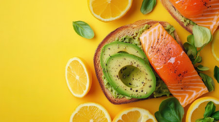 A colorful breakfast spread showcasing avocado toast topped with salmon and surrounded by fresh citrus fruits on a bright yellow background.の素材