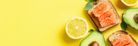 Start your day with a nutritious breakfast of avocado toast topped with salmon, complemented by fresh citrus slices, all on a bright yellow backdrop.の素材