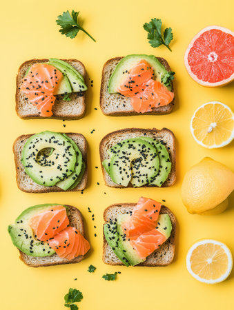 Enjoy a colorful breakfast spread of avocado toast topped with salmon and fresh citrus fruits arranged beautifully on a yellow backdrop.の素材
