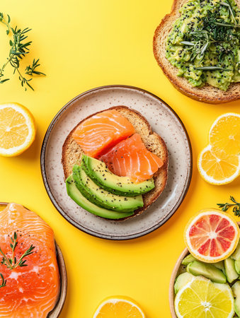 A delightful breakfast spread featuring avocado on toast, fresh salmon slices, and vibrant citrus fruits creatively arranged on a yellow backdrop.の素材