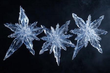 Delicate icy crystals are beautifully arranged to resemble classic Christmas decorations like stars and snowflakes, evoking holiday cheer.の素材