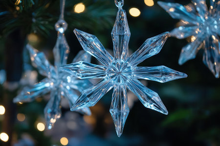 Large icy crystals are arranged as traditional Christmas decorations, enhancing the joyful spirit of the winter holidays.の素材